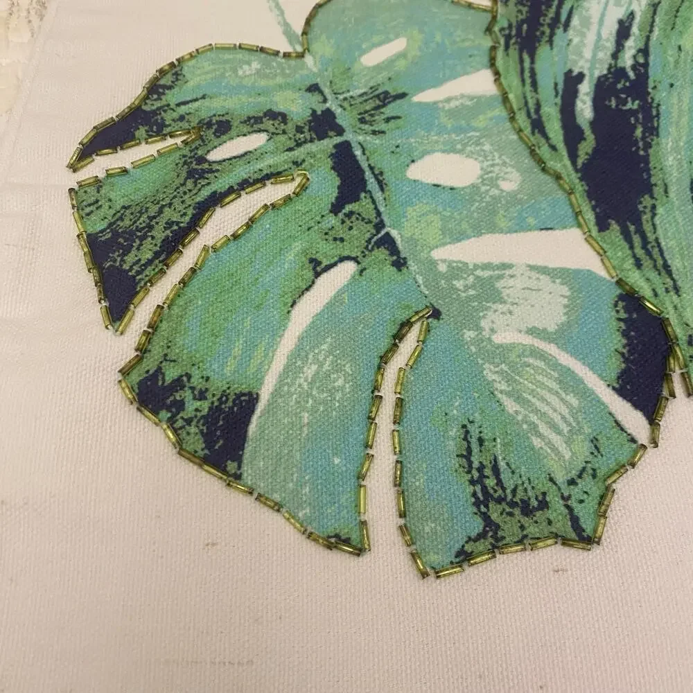 Set of TWO Tropical Monstera Leaf Beaded Throw Pillow Covers 19x13 with Zipper